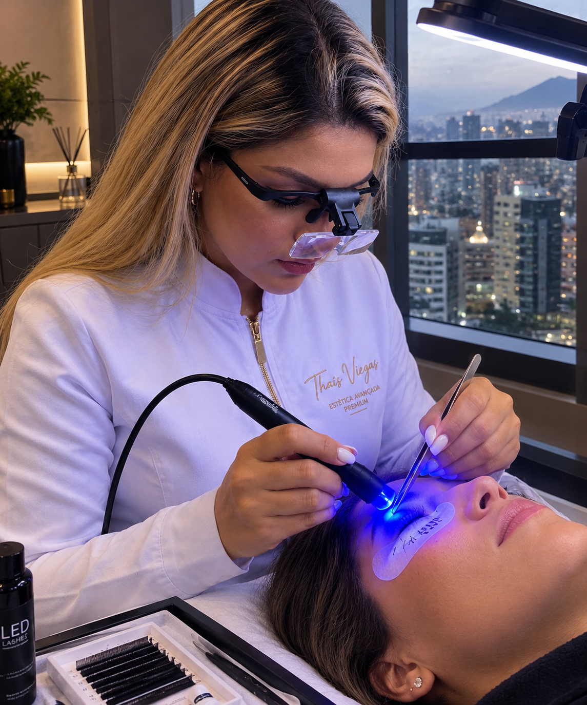 Thaís Viegas aplicando extensão de cílios